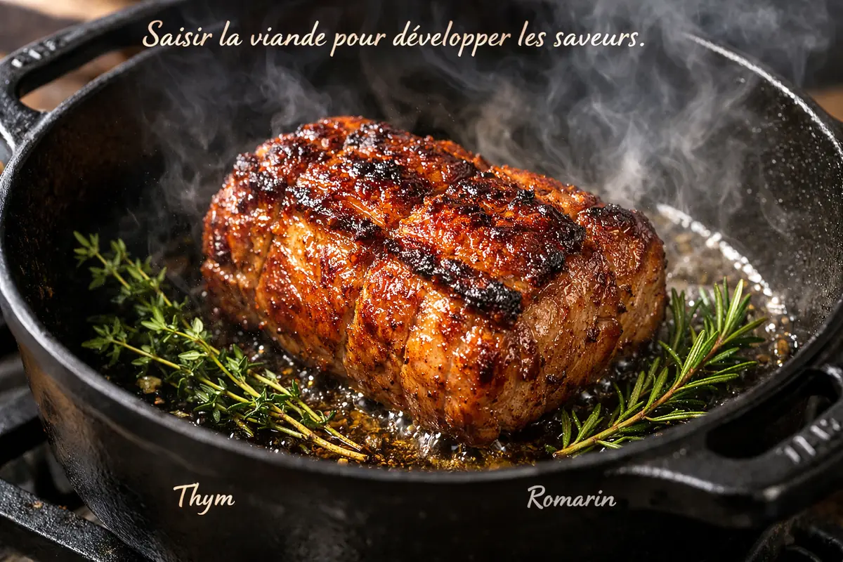 Rôti de porc saisi en cocotte en fonte, croûte caramélisée appétissante