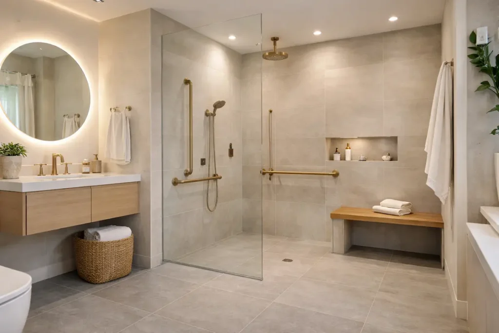 Salle de bain spacieuse aux normes PMR équipée d'une douche de plain-pied, d'un banc intégré et de barres d'appui design en laiton.