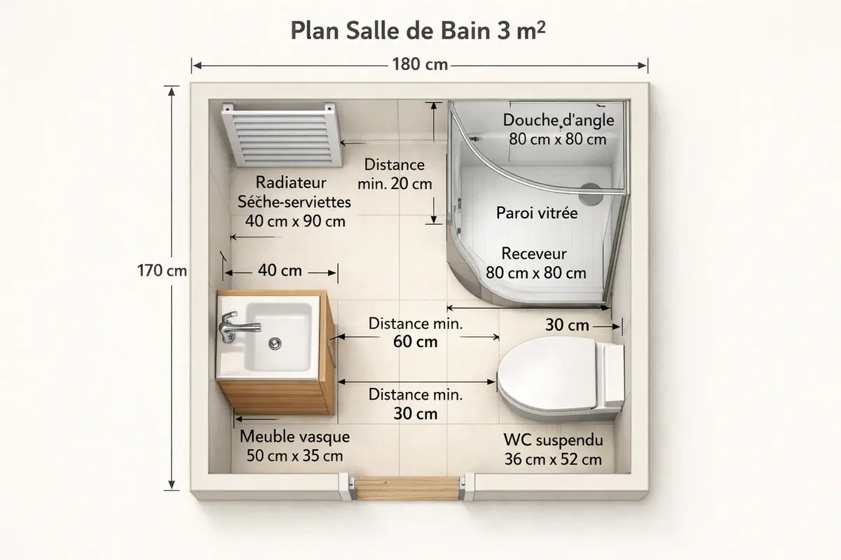Schéma coté d'une petite salle de bain optimisée avec douche d'angle, WC suspendu, et meuble vasque compact, mettant en évidence l'agencement de l'espace.