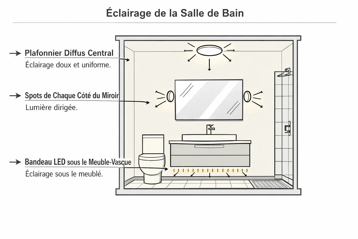 Schéma illustrant les différents types d'éclairage dans une petite salle de bain : plafonnier, spots miroir et lumière d'ambiance, avec les emplacements idéaux pour un éclairage optimal.