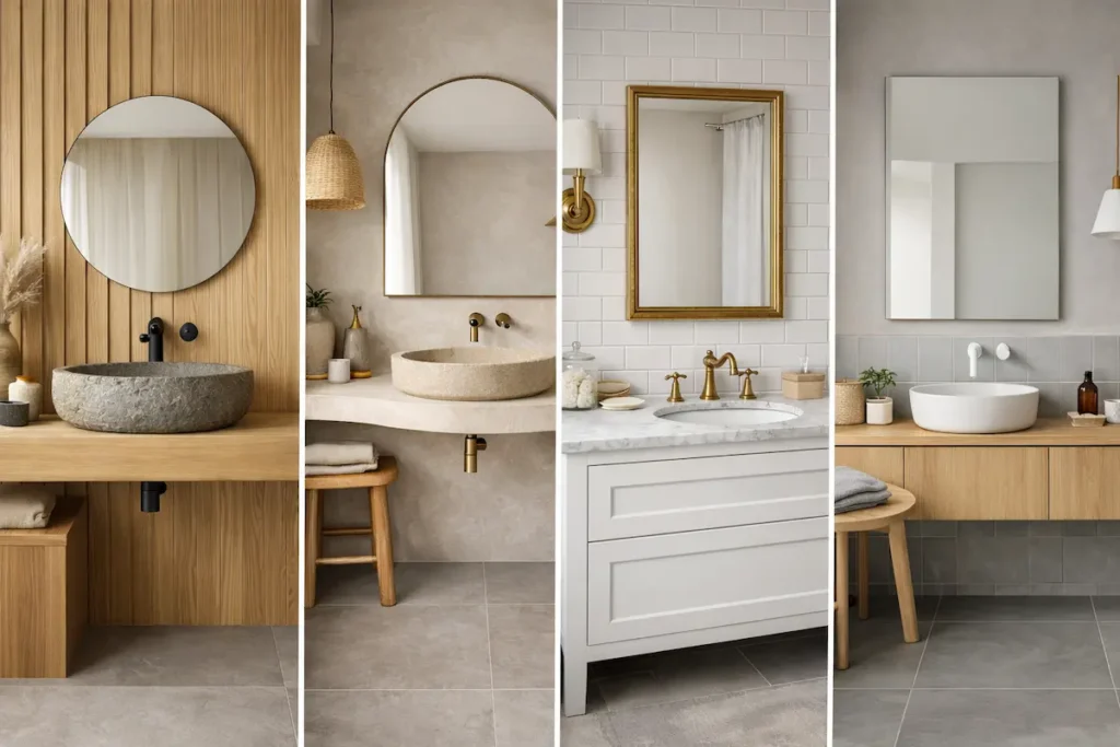 Composition montrant quatre styles de salles de bain rénovées : Japandi avec bois à lattes, Organic modern avec plantes, classique en marbre, et scandinave épuré.
