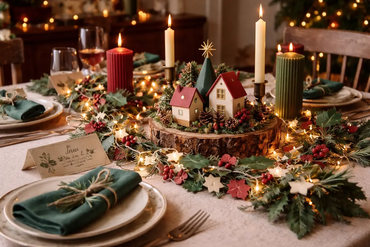 Table de Noël magnifiquement décorée avec une guirlande en papier festive, des bougies élégantes et un centre de table unique, créé à la main.