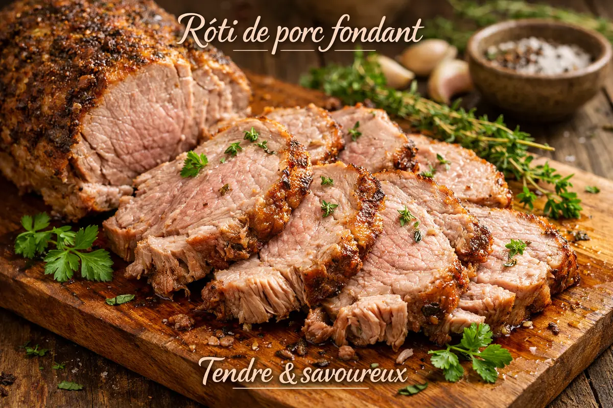 Tranches de rôti de porc cuit lentement, viande rosée et juteuse