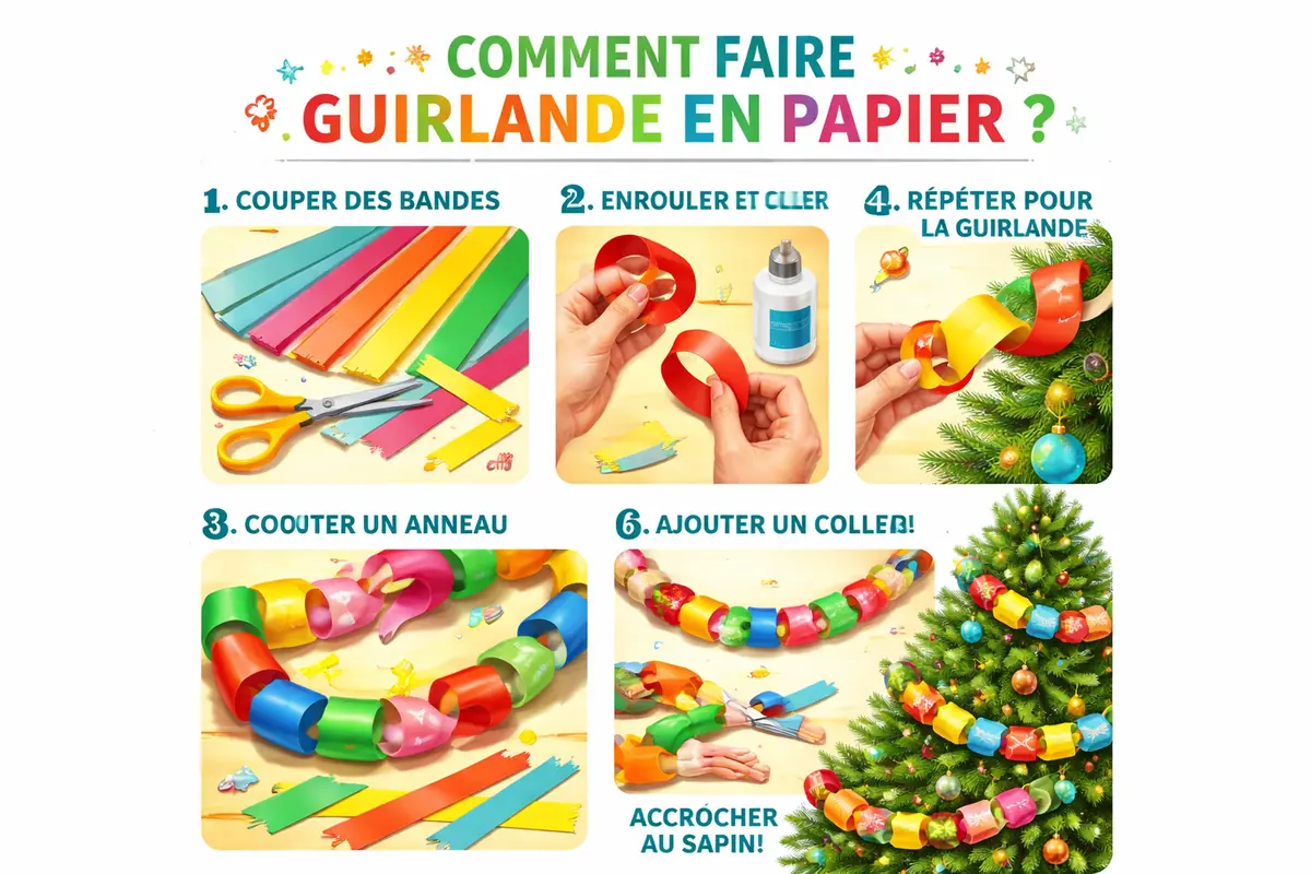 Tutoriel visuel montrant étape par étape la fabrication d'une guirlande en papier colorée pour décorer un sapin de Noël.