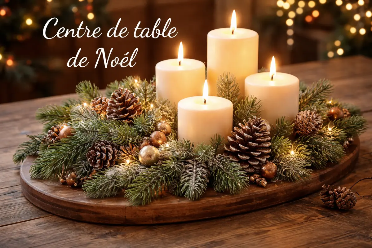 Un centre de table de Noël élégant avec des bougies scintillantes, des branches de sapin fraîches et des pommes de pin rustiques, facile à reproduire.