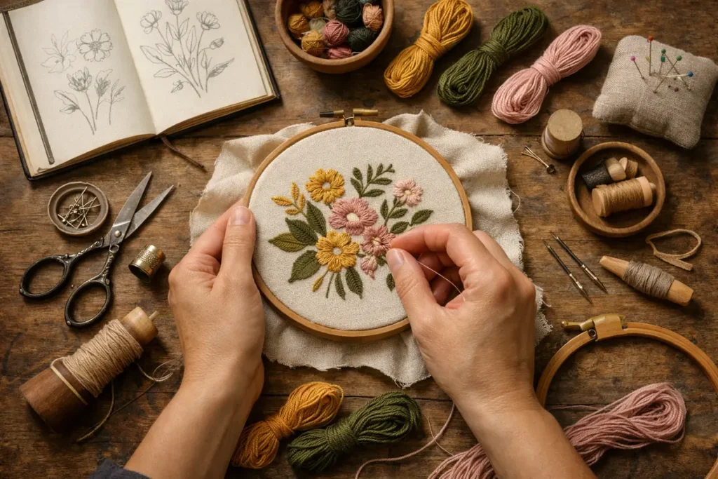 activité manuelle adulte — Mains créatives travaillant sur un projet d'activité manuelle, ambiance chaleureuse et déconnectée.