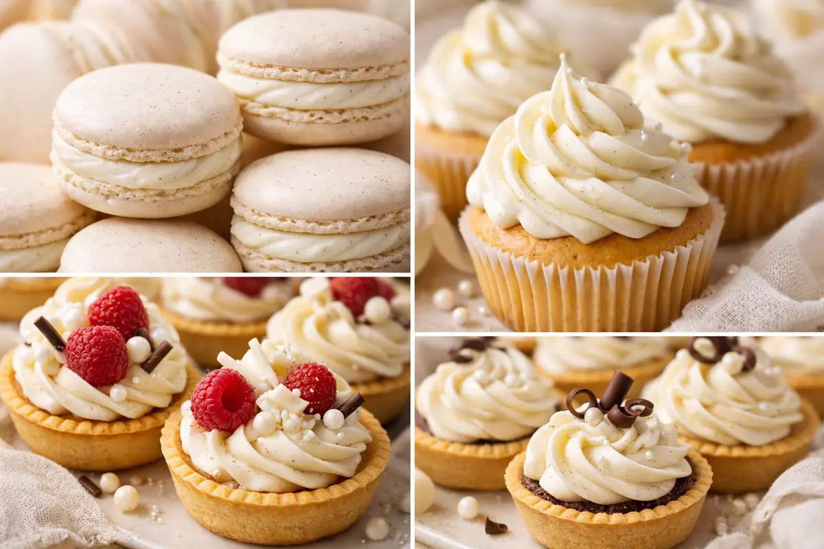 Assortiment de macarons, cupcakes et tartelettes décorés avec de la ganache montée à la vanille.