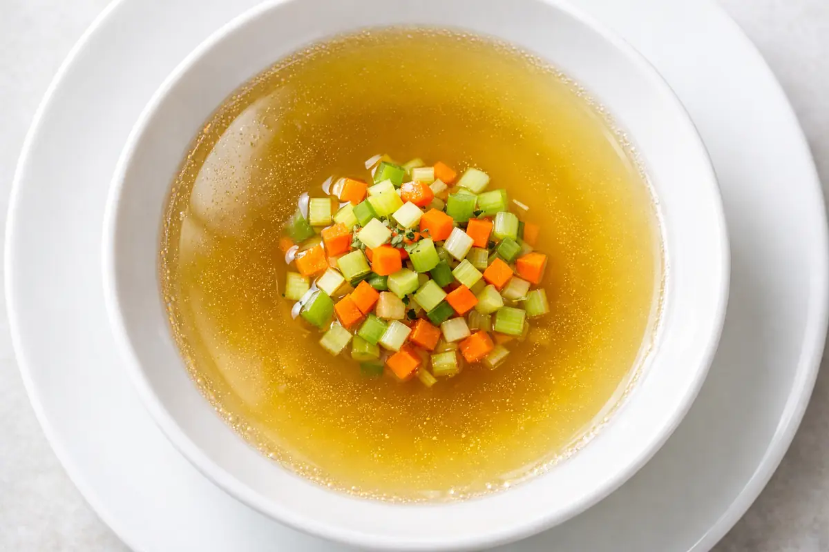 Bol de consommé de légumes clair, garni d'une brunoise colorée et fraîche, flottant à la surface du bouillon limpide.