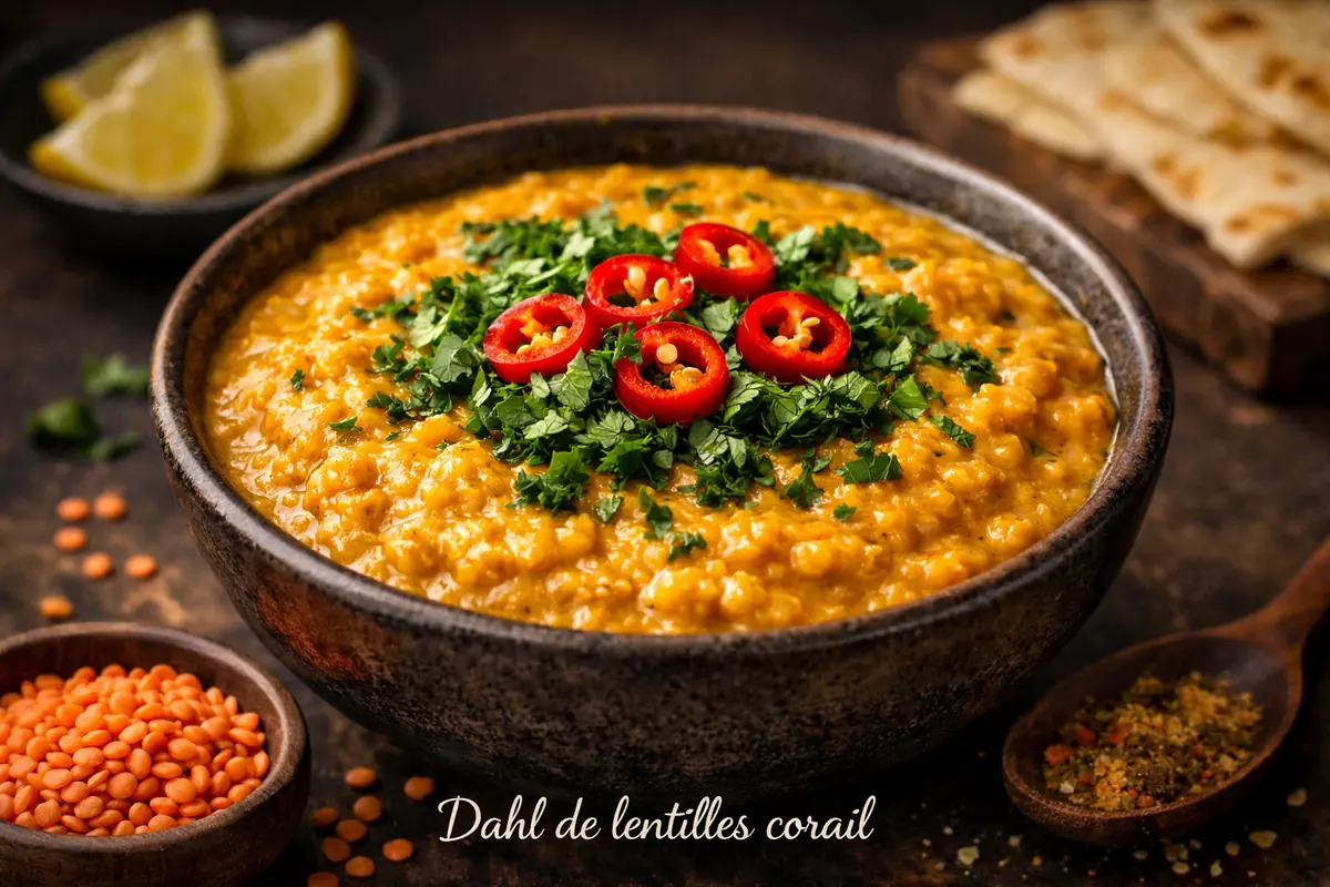 Bol de dahl de lentilles corail doré, garniture de coriandre fraîche et piment rouge, mise en valeur de la texture crémeuse.