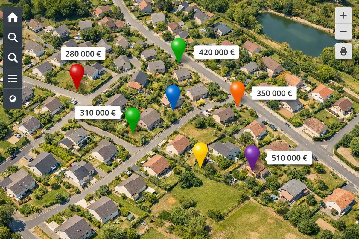 Capture d'écran de l'interface DVF (Demande de Valeurs Foncières) montrant une recherche de prix de vente sur une zone géographique précise, avec des marqueurs indiquant les transactions récentes.