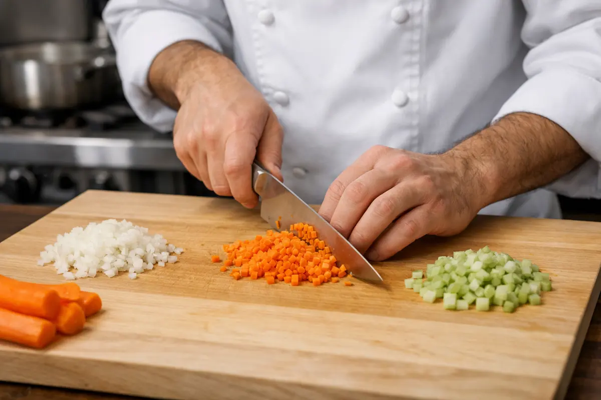 Capture d'écran d'un tutoriel vidéo montrant un chef cuisinier réalisant la technique de la brunoise avec une démonstration claire et précise.