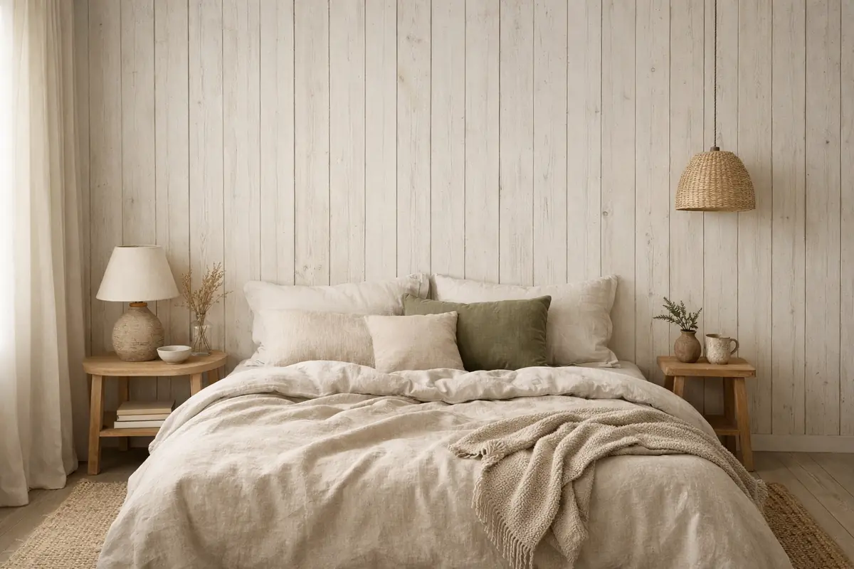 Chambre à coucher avec un mur entier recouvert de lambris en bois blanchi, style épuré et lumineux