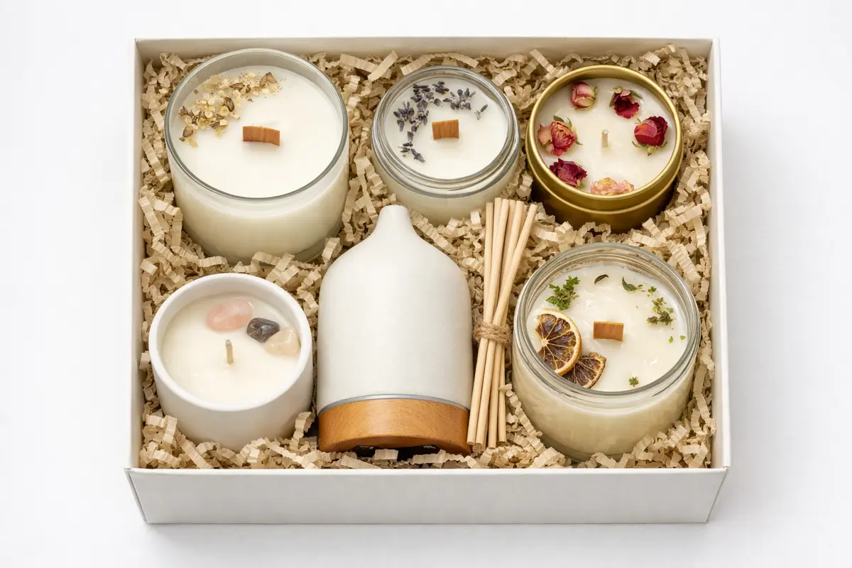 Coffret cadeau élégant contenant des bougies parfumées naturelles et un diffuseur d'huiles essentielles sur fond blanc.