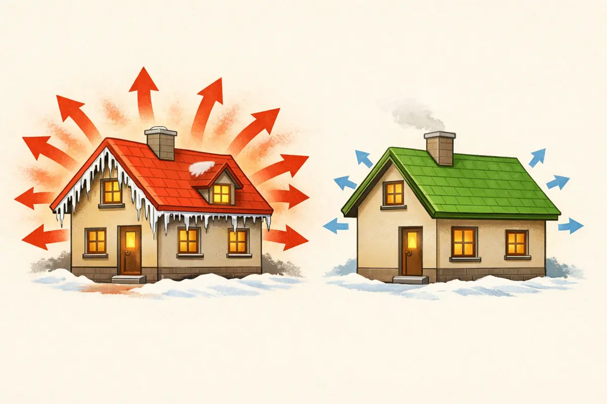 Comparaison visuelle des déperditions de chaleur entre une maison avec toiture mal isolée et une maison avec isolation performante.