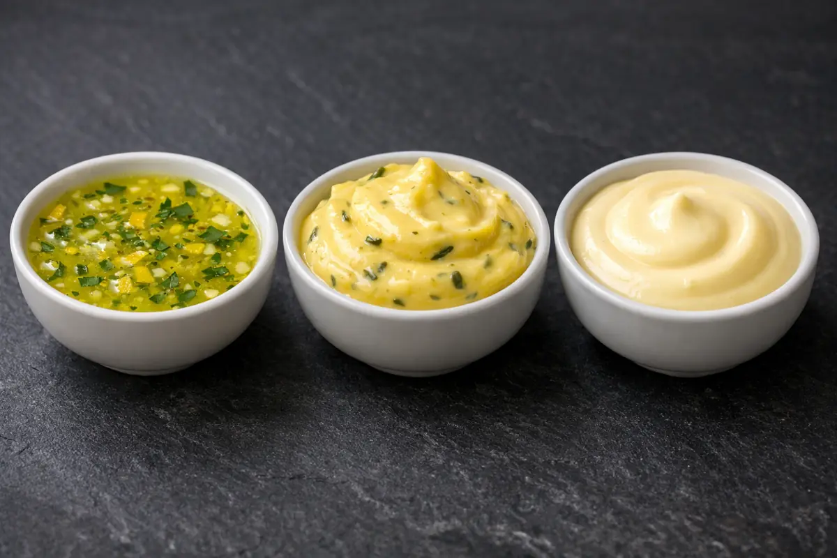 Comparaison visuelle des textures et couleurs de la sauce au citron, de la béarnaise et de la hollandaise pour accompagner le poisson.