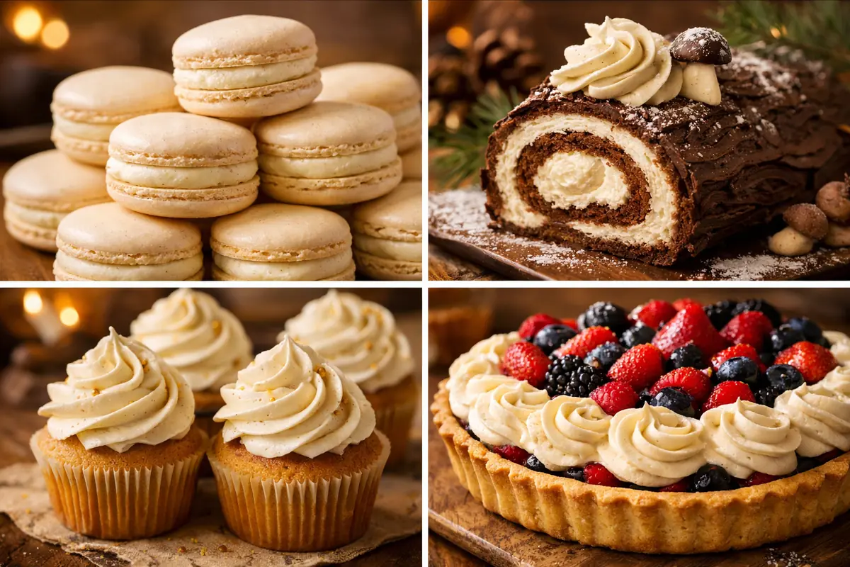 Compilation de photos montrant différentes utilisations de la ganache montée vanille : macarons, bûche de Noël, décorations pochées et garniture de tarte.