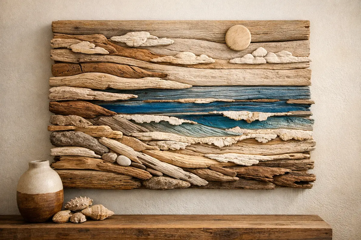 Décoration murale en bois flotté représentant un paysage marin abstrait, ambiance naturelle et artistique