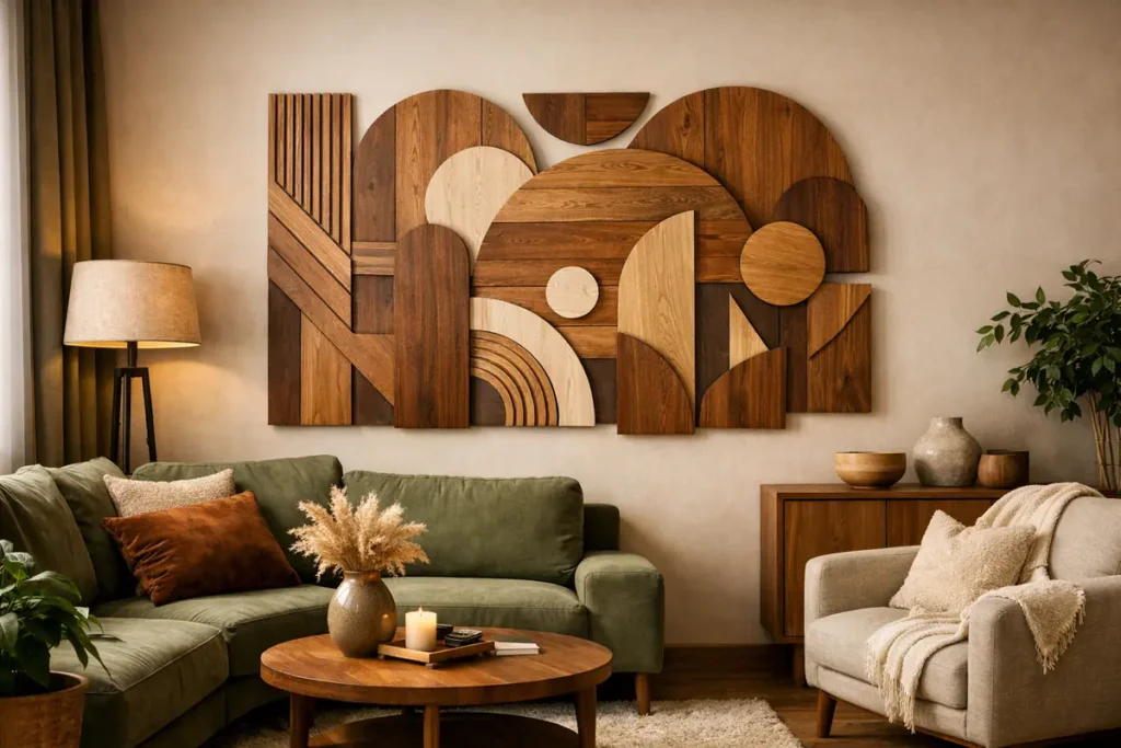 Élégante décoration murale bois design, ambiance chaleureuse et moderne