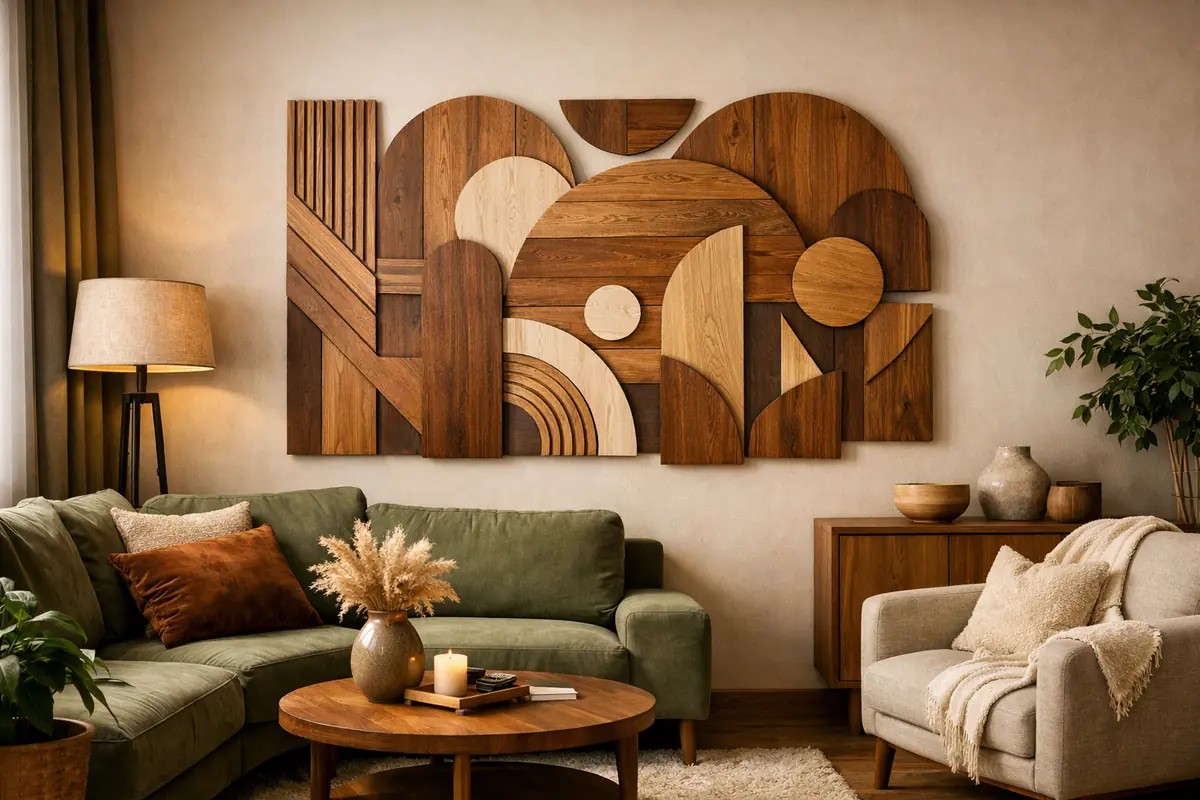 Élégante décoration murale bois design, ambiance chaleureuse et moderne