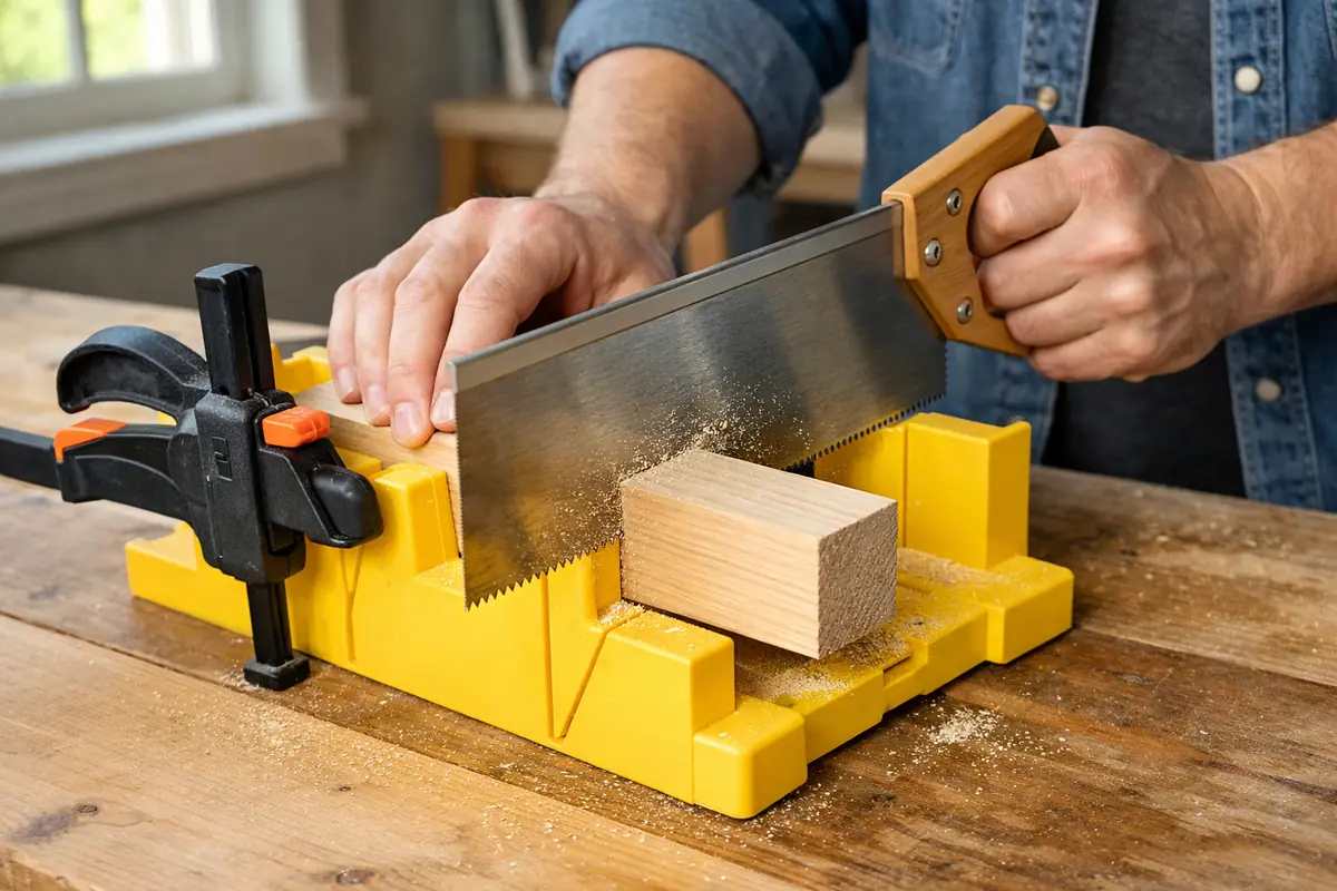 Démonstration de la technique de coupe du bois à la main avec une scie et une boîte à onglets, la planche étant maintenue en place par un serre-joint pour plus de précision.