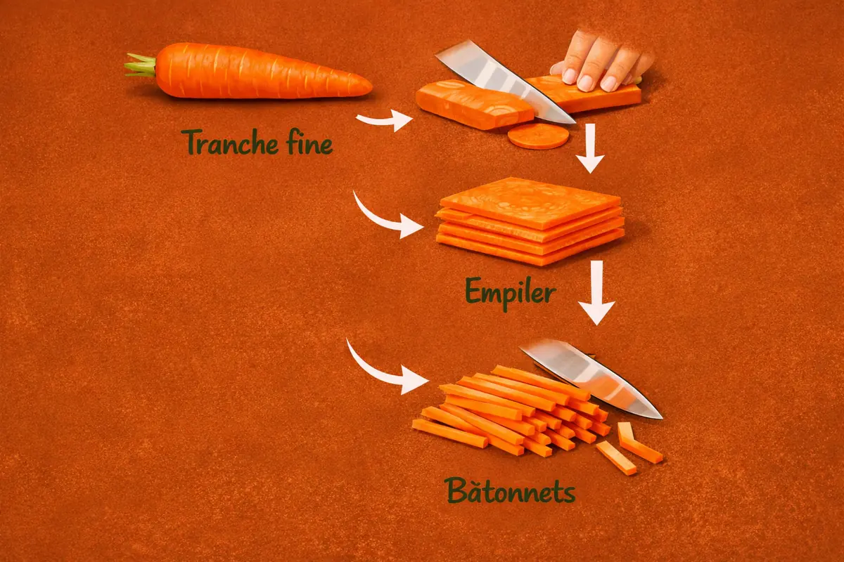 Détail de la technique de coupe en julienne sur une carotte : bâtonnets fins et réguliers, étape préparatoire à la brunoise.