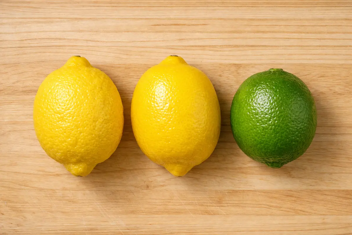 Différents types de citrons : citron jaune bio, citron jaune conventionnel et citron vert (lime), présentés sur un plan de travail en bois clair.