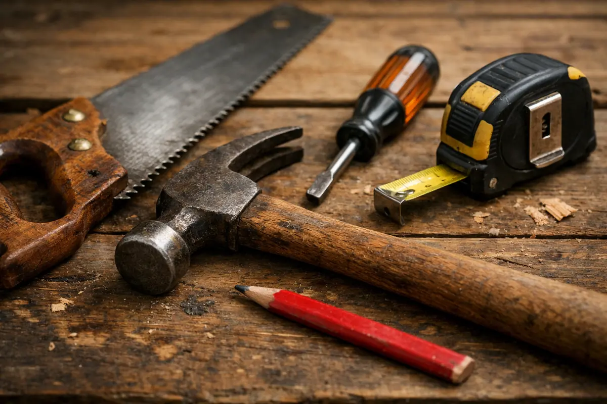 Ensemble d'outils essentiels pour débuter le bricolage en bois : scie à main, marteau, visseuse, mètre ruban et crayon, disposés sur un établi en bois clair.