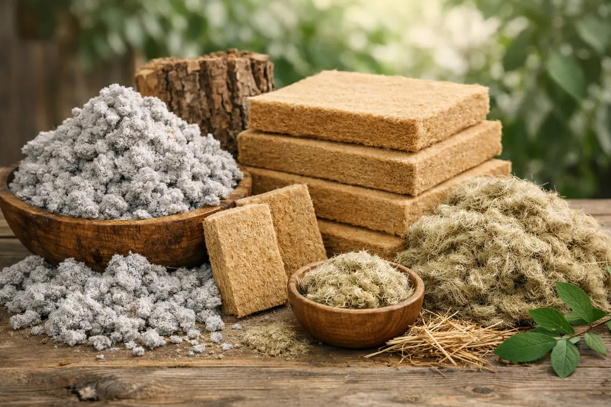 isolants-biosources-ecologiques-isolation-2026 Flocons de ouate de cellulose, panneaux de fibre de bois et chanvre en vrac présentés ensemble.
