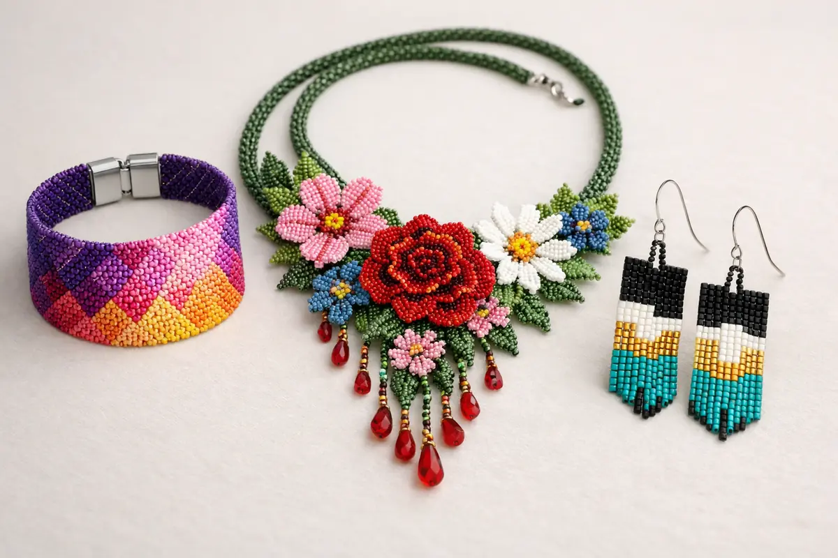 Galerie de photos présentant des créations variées en tissage de perles : bracelets géométriques, colliers floraux et boucles d'oreilles en perles Miyuki Delica.