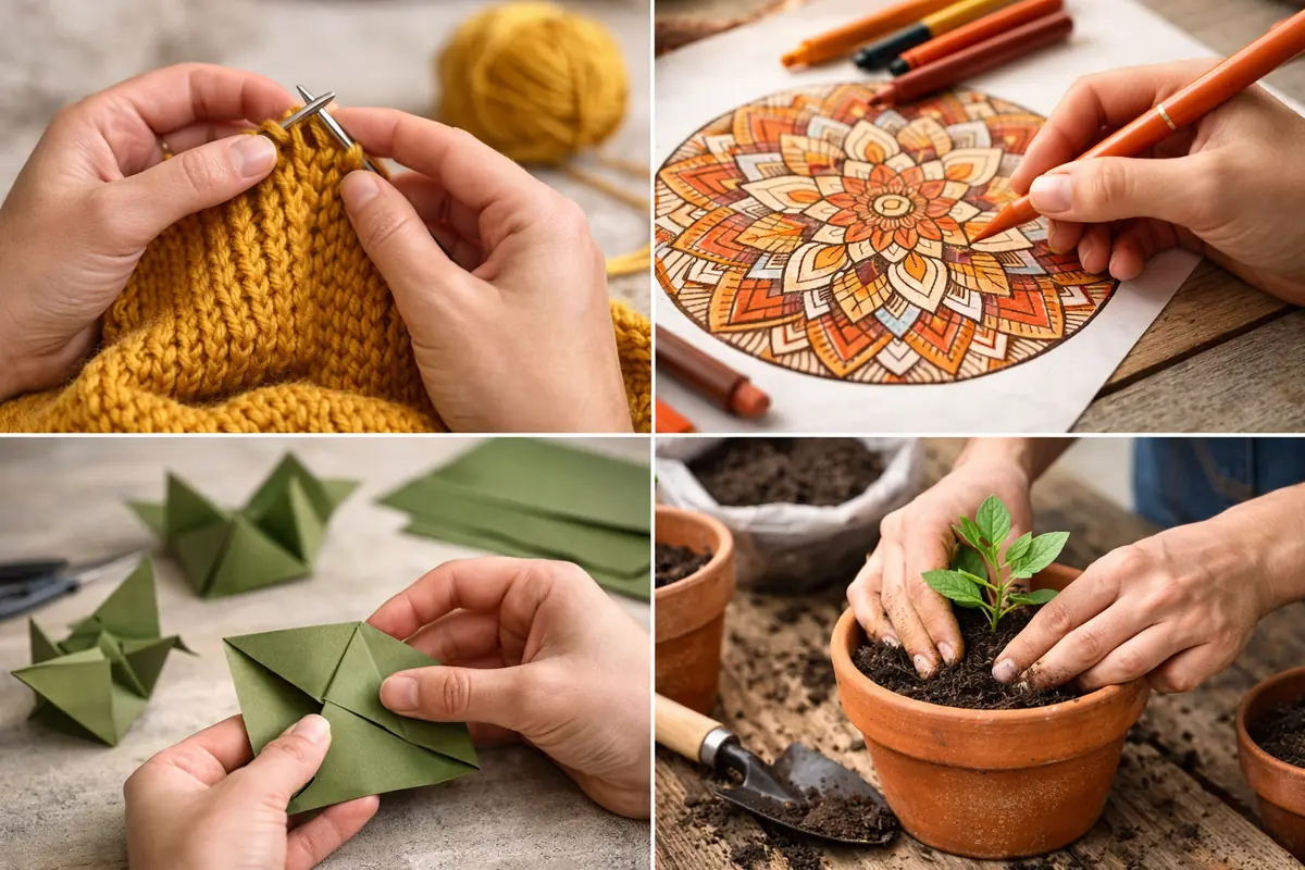 Galerie de photos présentant des activités manuelles anti-stress comme le tricot, le coloriage de mandalas, l'origami et le jardinage en pot.