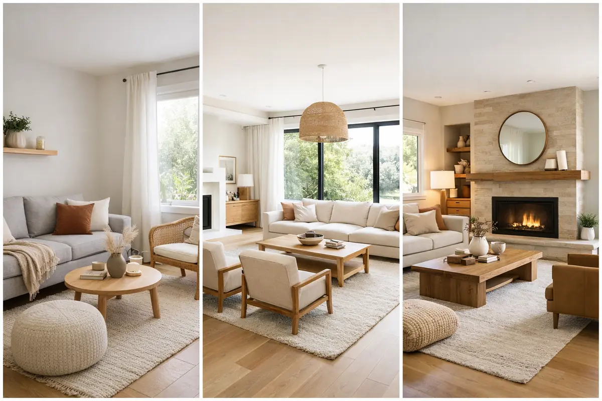 Galerie de photos présentant différents salons modernes : petit salon cosy, grand salon lumineux, salon avec cheminée.