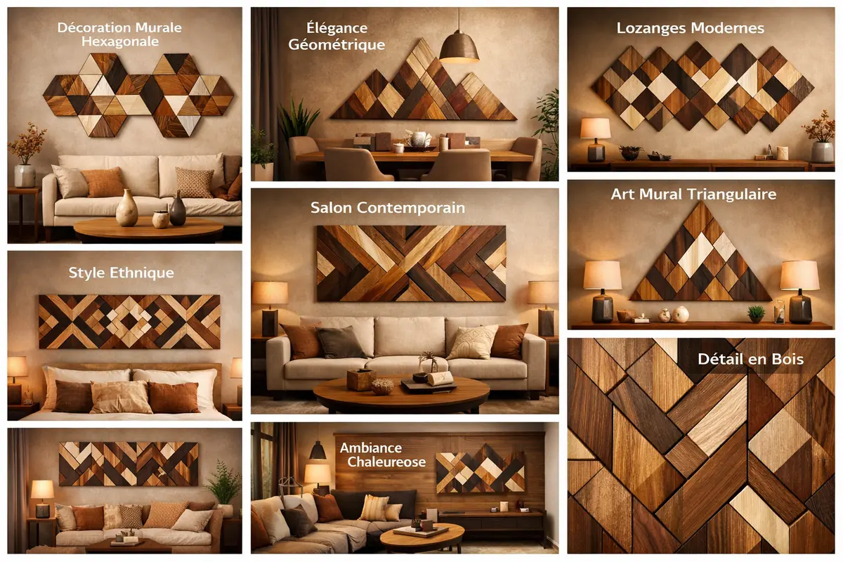 Galerie de photos présentant diverses décorations murales en bois avec des motifs géométriques modernes