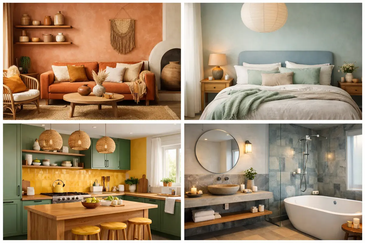 galerie-palettes-couleurs-reussies-pieces-maison Galerie présentant des exemples de palettes de couleurs réussies dans différentes pièces de la maison : salon, chambre, cuisine, salle de bain.