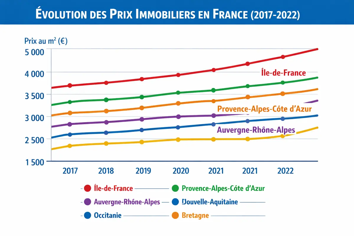 Graphique illustrant l'évolution des prix immobiliers en France par région sur les 5 dernières années, mettant en évidence les disparités et les tendances.