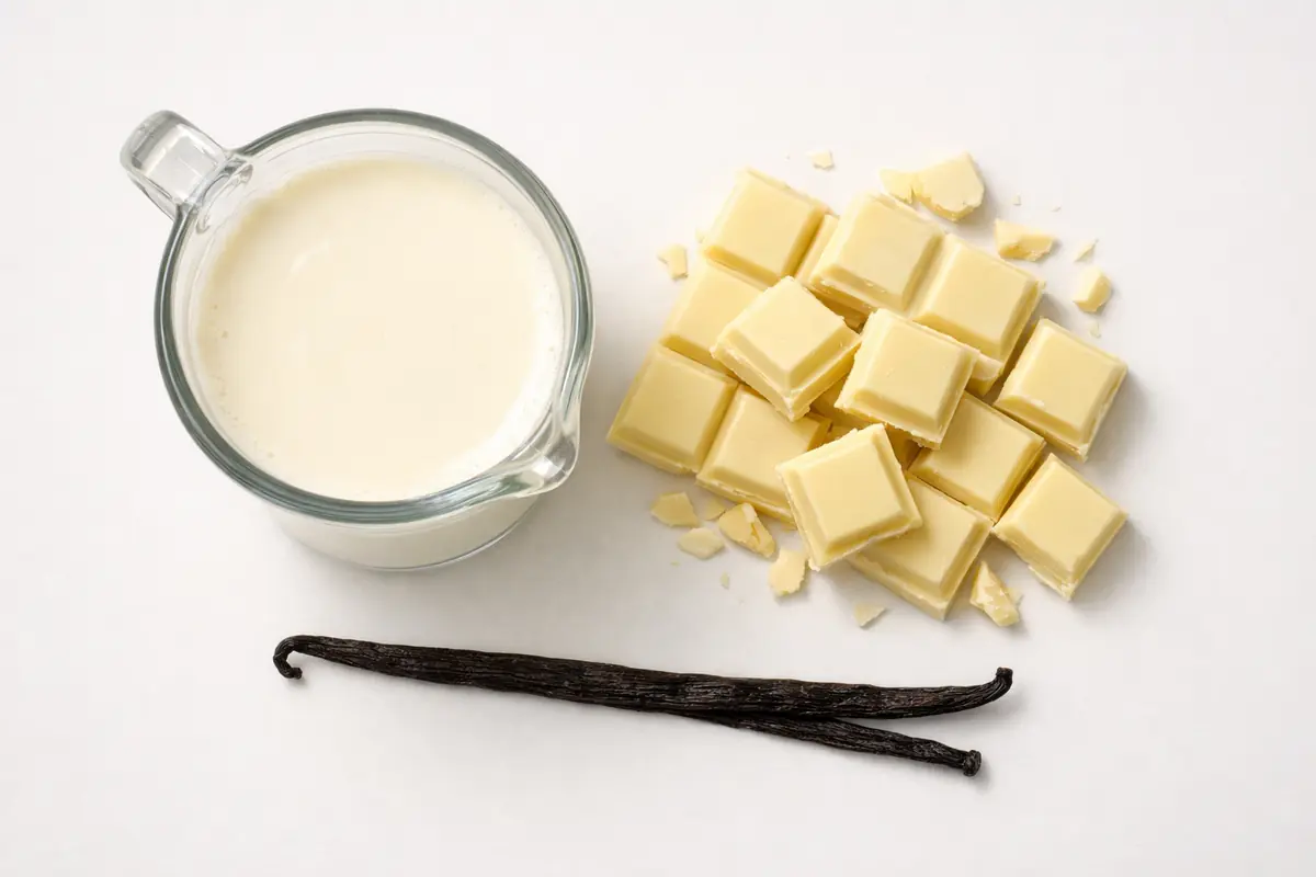 Gros plan des ingrédients essentiels pour une ganache montée vanille de qualité : crème fraîche, chocolat blanc et gousse de vanille.