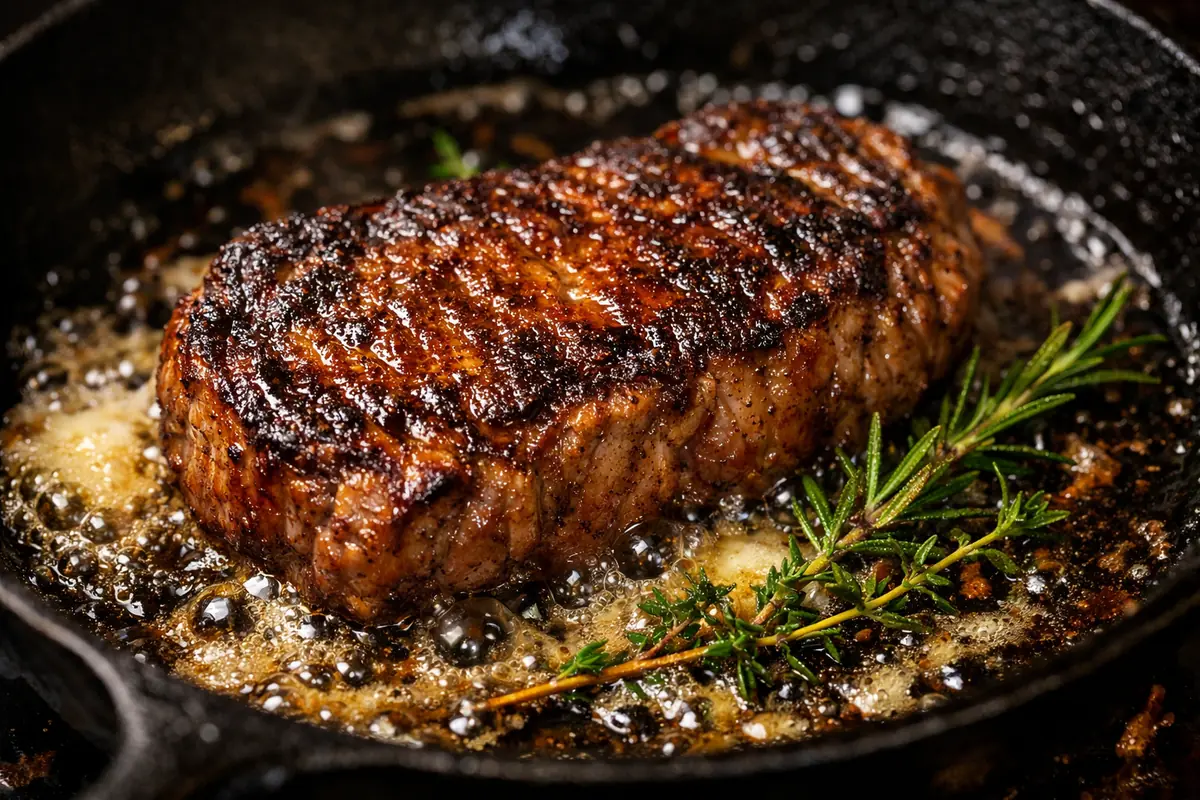 Gros plan d'une viande saisie à la poêle, présentant une croûte dorée et uniforme.