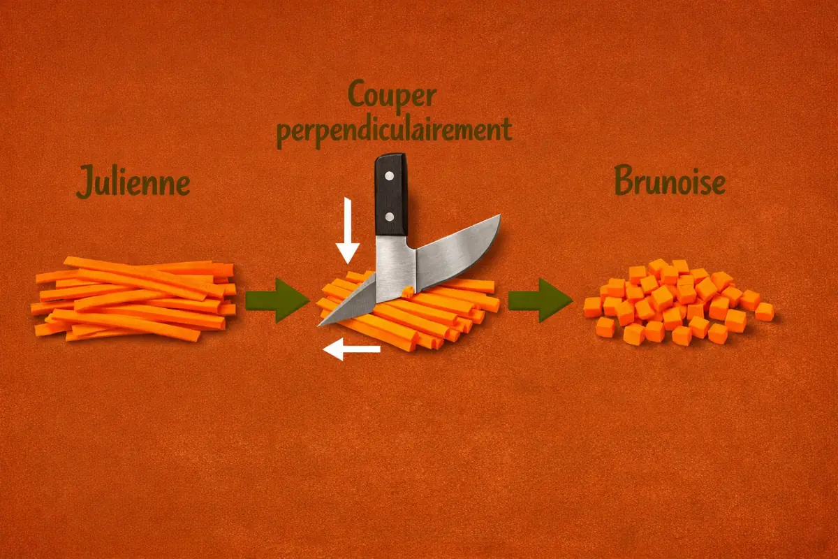 Illustration du passage de la julienne de carotte à la brunoise : les bâtonnets sont regroupés et coupés perpendiculairement pour former des petits dés.