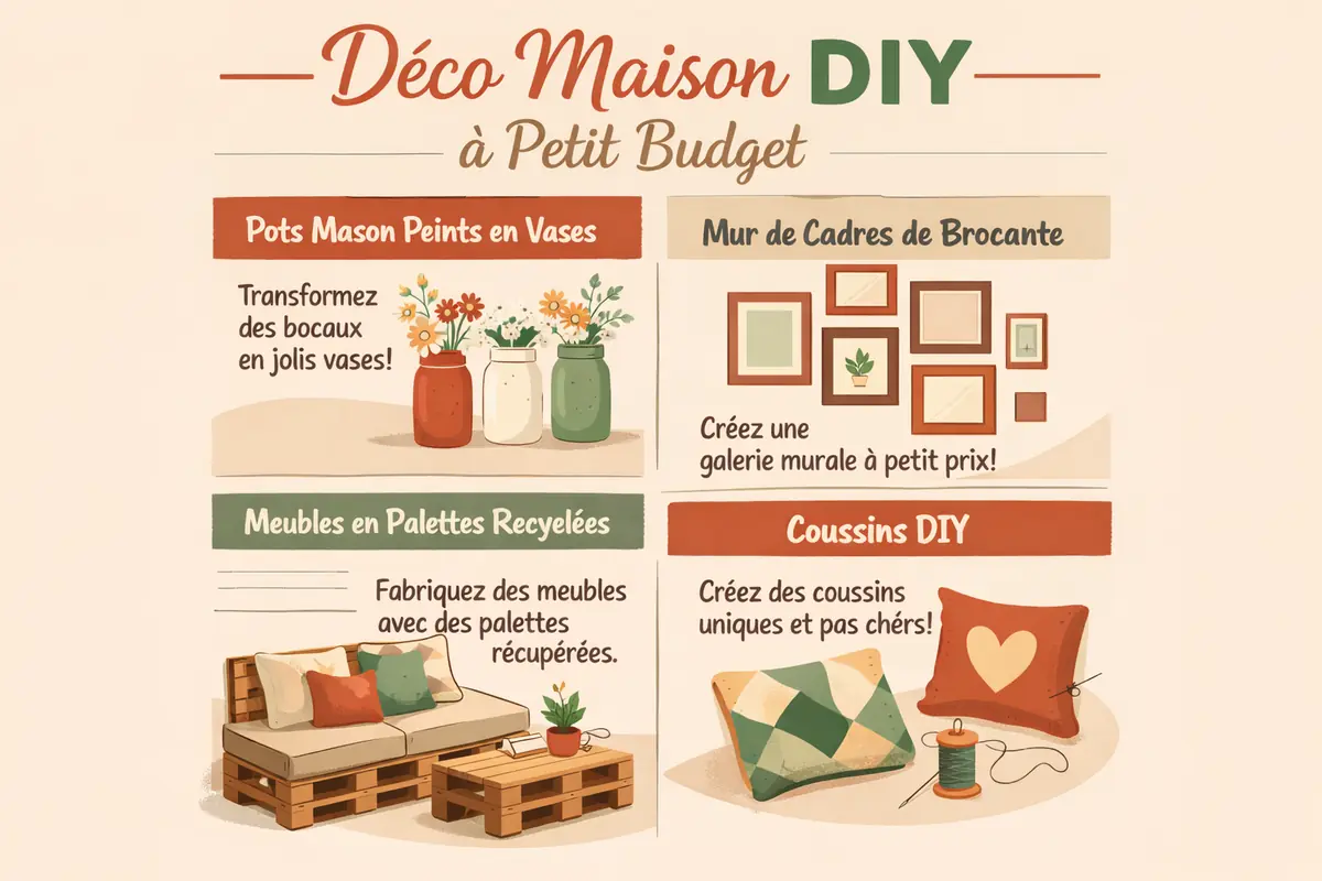Infographie listant des idées de projets DIY (Do It Yourself) pour décorer son intérieur avec un budget limité.