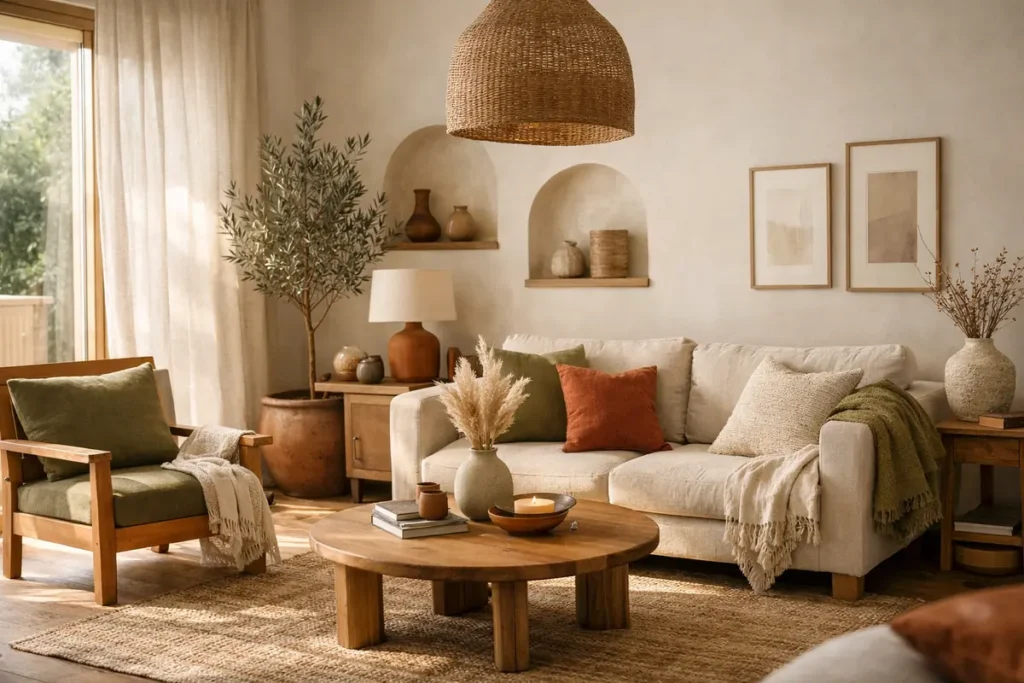 Intérieur moderne et chaleureux, baigné de lumière naturelle, évoquant l'harmonie et le bien-être. interieurs modernes maisons