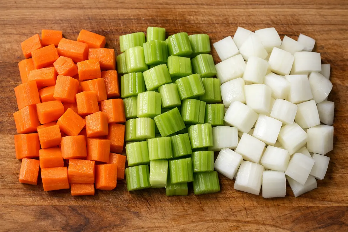Légumes (carotte, céleri, oignon) préparés : lavés, épluchés et taillés en tronçons réguliers, prêts pour la découpe en brunoise.