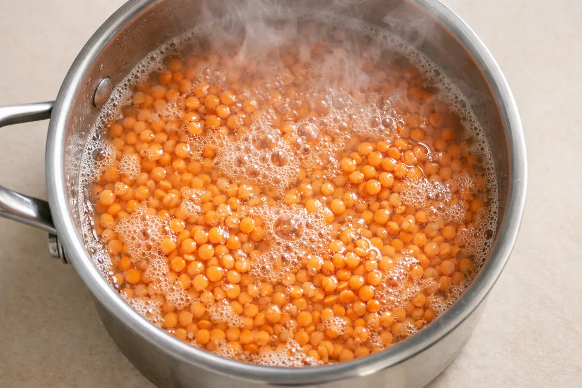 Lentilles corail en train de cuire dans une casserole, vapeur visible, gros plan sur la texture en ébullition