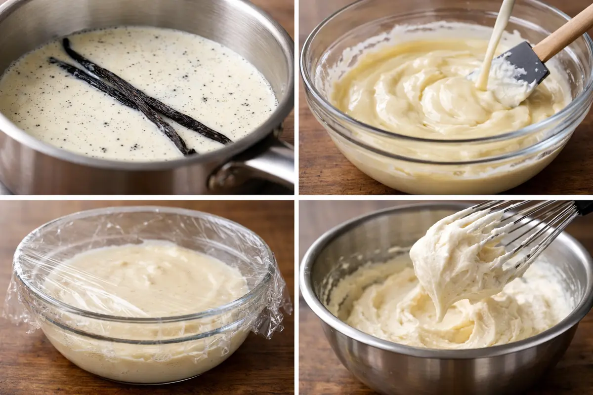 Montage photo illustrant les étapes clés de la préparation de la ganache montée vanille : infusion, émulsion, refroidissement et foisonnement.