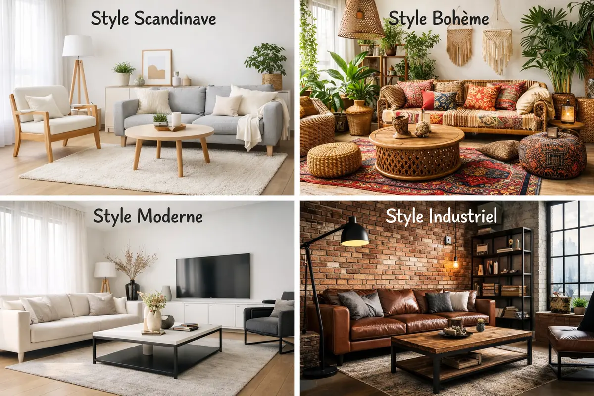 Mosaïque de photos présentant des salons décorés dans les styles scandinave, bohème, moderne et industriel.