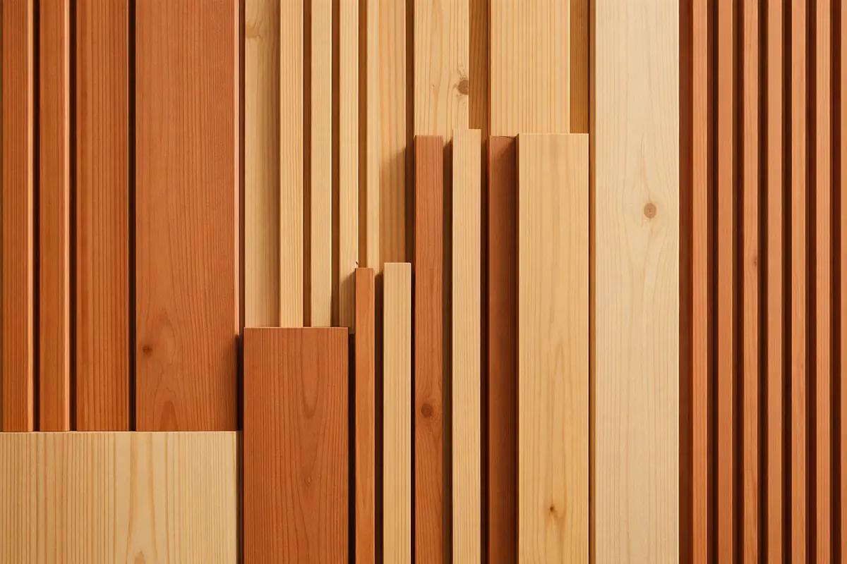 Mur décoratif avec tasseaux de bois créant un motif géométrique moderne, différentes épaisseurs et espacements