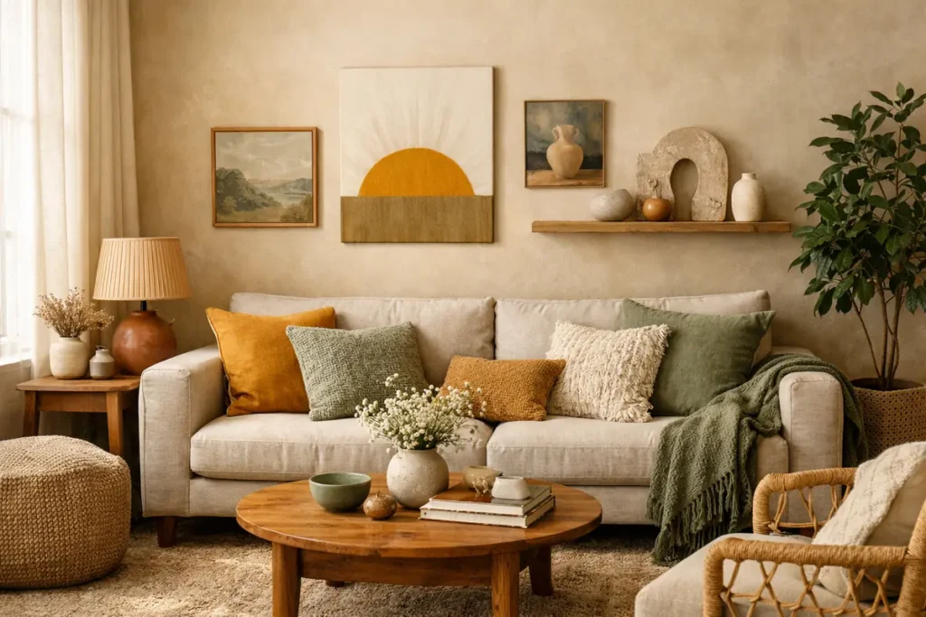 Palette de couleurs harmonieuse pour un intérieur chaleureux et accueillant, ambiance naturelle et organique.