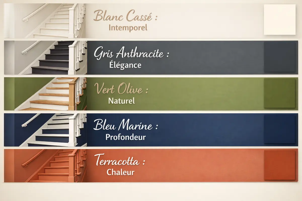 Palette de couleurs tendance pour escalier en bois en 2026 : blanc cassé, gris anthracite, vert olive, bleu marine et terracotta, avec des exemples d'application.