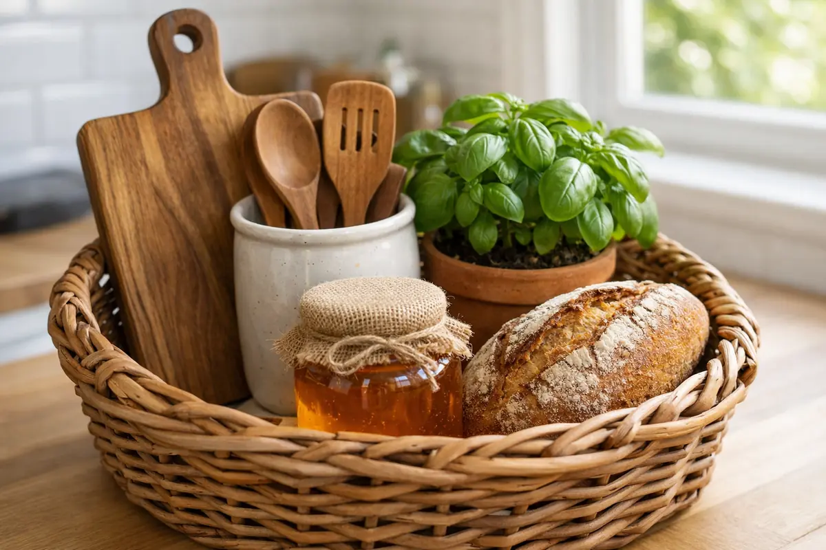 Panier garni de produits locaux et d'accessoires de cuisine artisanaux sur un plan de travail en bois clair.