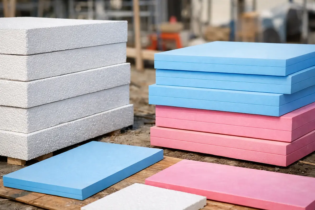 isolants-synthetiques-polystyrene-isolation-2026 Panneaux de polystyrène expansé PSE et polystyrène extrudé XPS posés sur un chantier d'isolation.