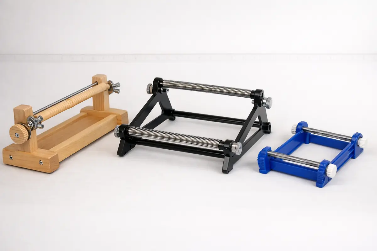 Photo comparative de différents modèles de métiers à tisser pour perles, montrant leurs dimensions, matériaux (bois, métal, plastique) et mécanismes de tension.