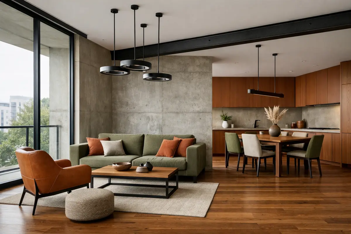 Photo d'un intérieur moderne mettant en valeur le bois, le métal, le verre et le béton dans une même pièce, créant une ambiance chaleureuse et élégante.